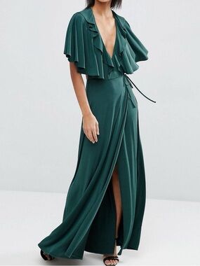 Women’s ASOS Dark Green V-Neck Ruffle-Front Maxi Wrap Dress
